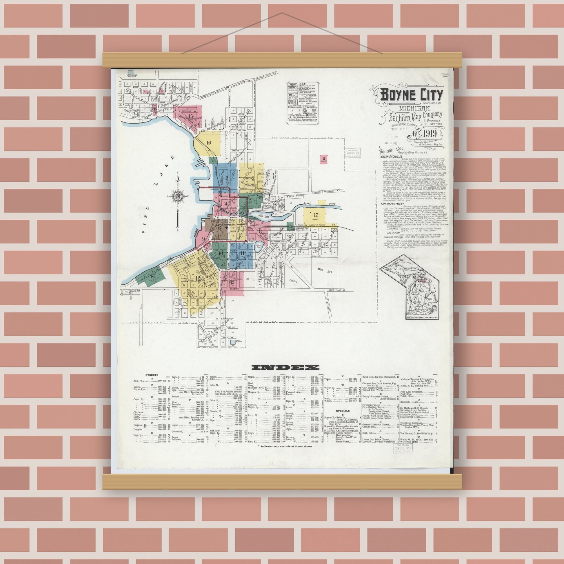 Old map wall art mockup — magnetic wood frame on brick wall — Sanborn Fire Insurance Map from Boyne City, Charlevoix County, Michigan (1919) - Complete Map Set