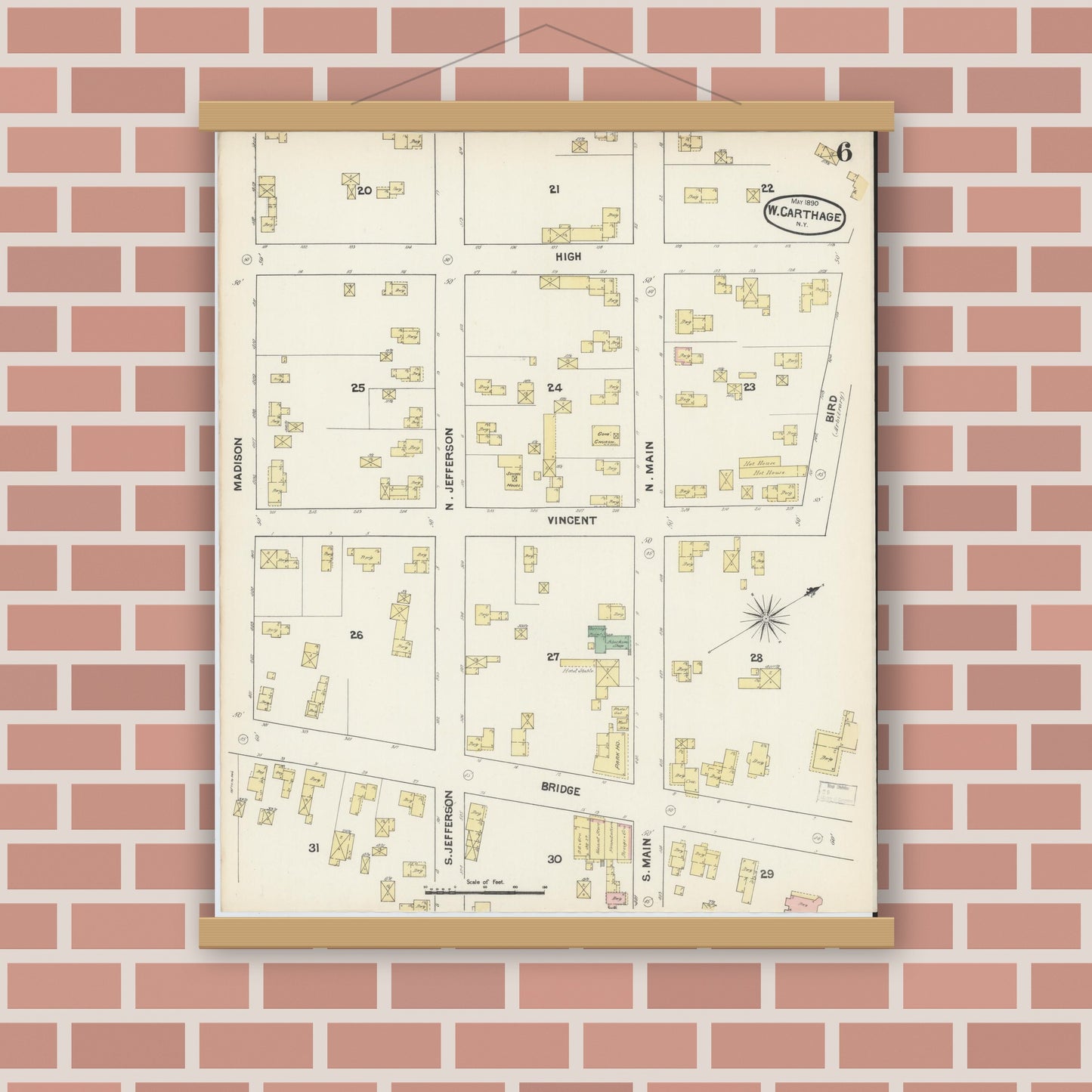 Old map wall art mockup — magnetic wood frame on brick wall — Sanborn Fire Insurance Map from Carthage, Jefferson County, New York (1890), Sheet #0006