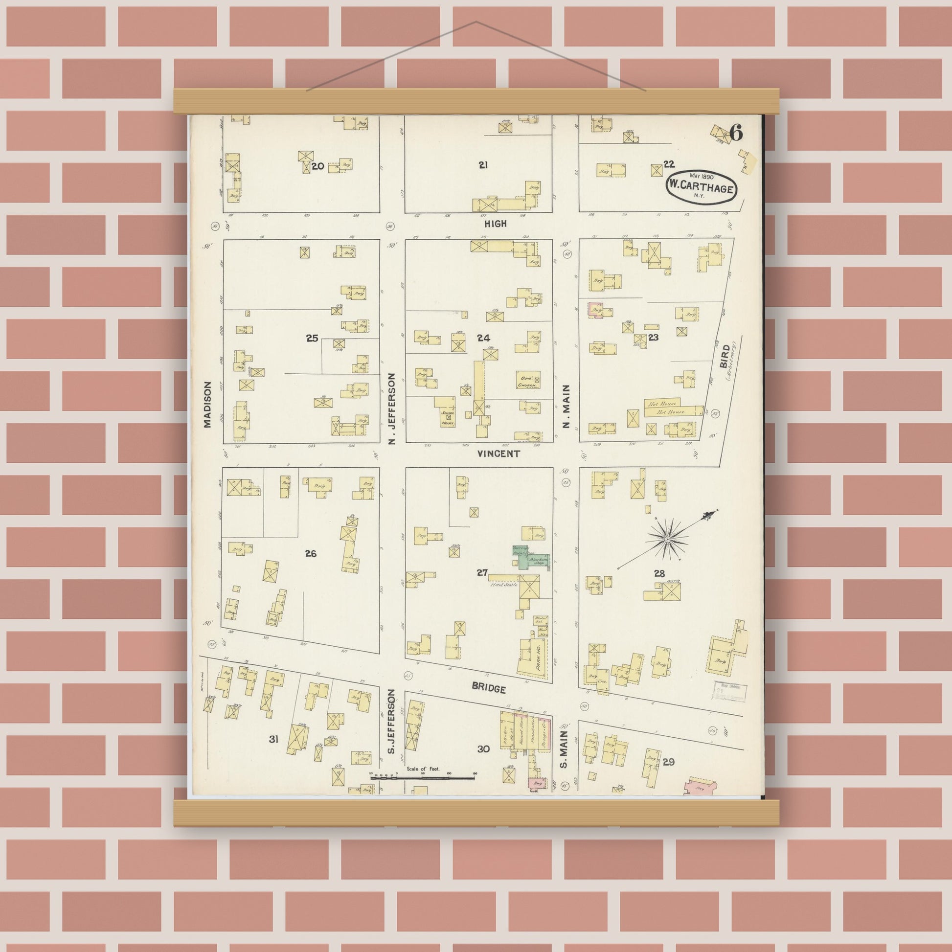 Old map wall art mockup — magnetic wood frame on brick wall — Sanborn Fire Insurance Map from Carthage, Jefferson County, New York (1890), Sheet #0006