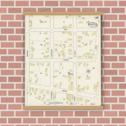 Old map wall art mockup — magnetic wood frame on brick wall — Sanborn Fire Insurance Map from Carthage, Jefferson County, New York (1890), Sheet #0006