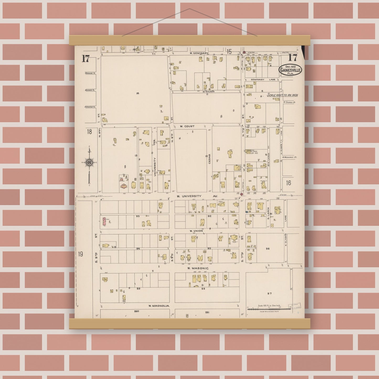 Old map wall art mockup — magnetic wood frame on brick wall — Sanborn Fire Insurance Map from Gainesville, Alachua County, Florida (1922), Sheet #0017