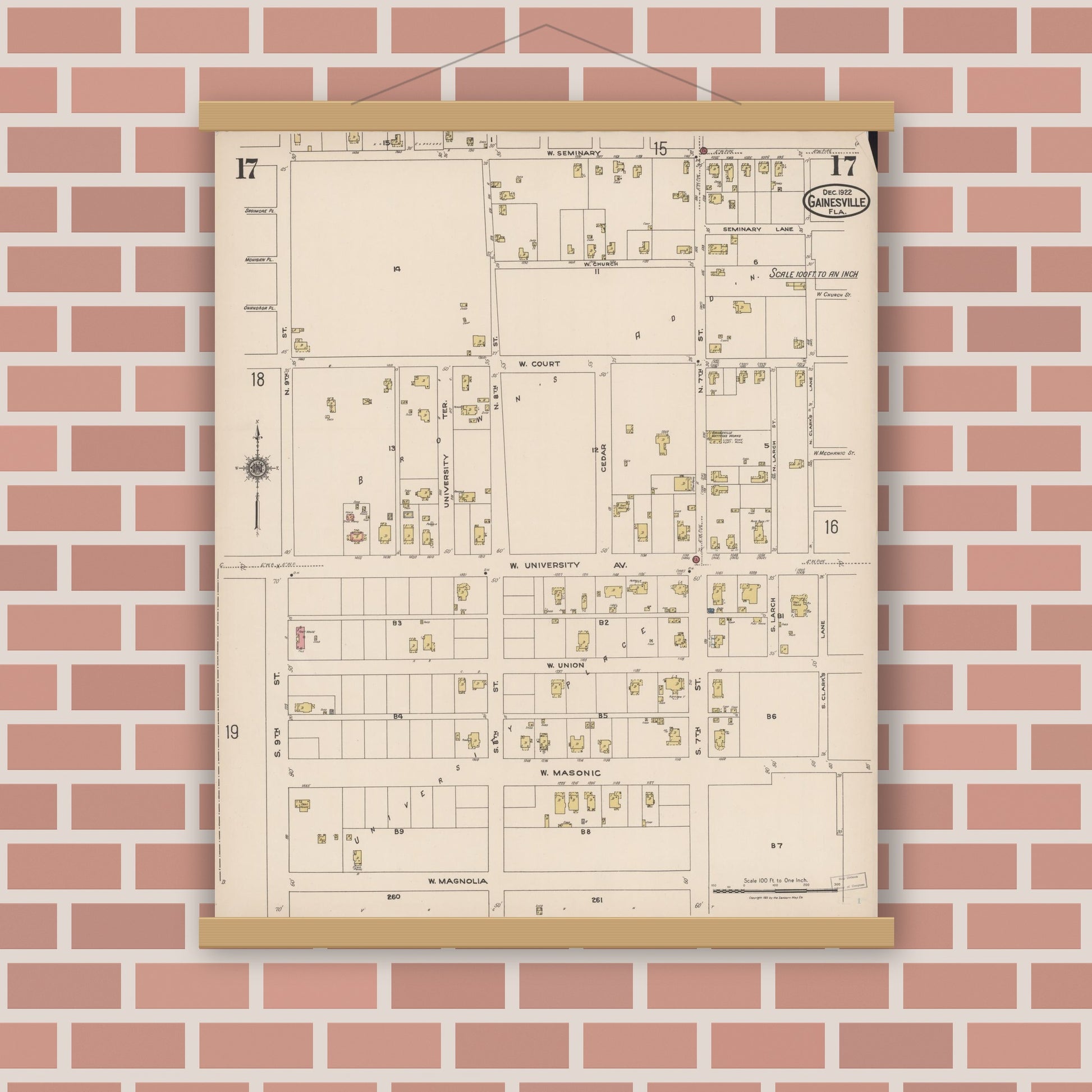 Old map wall art mockup — magnetic wood frame on brick wall — Sanborn Fire Insurance Map from Gainesville, Alachua County, Florida (1922), Sheet #0017