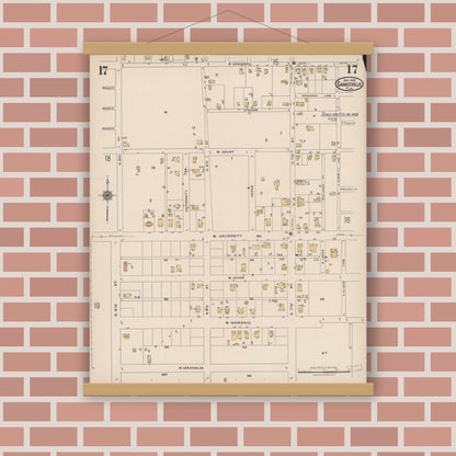 Old map wall art mockup — magnetic wood frame on brick wall — Sanborn Fire Insurance Map from Gainesville, Alachua County, Florida (1922), Sheet #0017