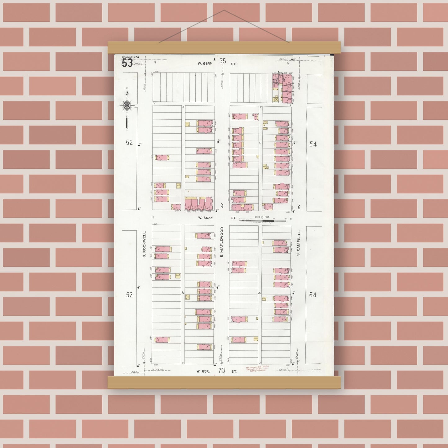 Old map wall art mockup — magnetic wood frame on brick wall — Sanborn Fire Insurance Map from Chicago, Cook County, Illinois (1920), Sheet #0053