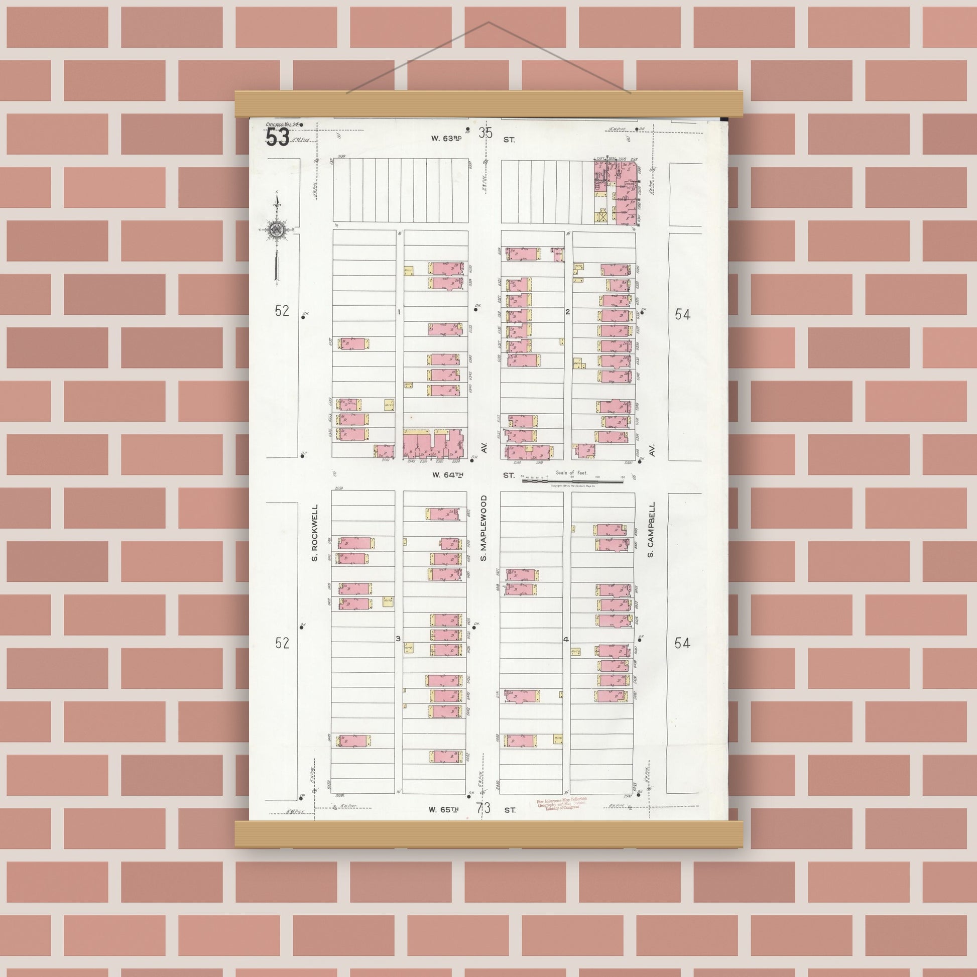 Old map wall art mockup — magnetic wood frame on brick wall — Sanborn Fire Insurance Map from Chicago, Cook County, Illinois (1920), Sheet #0053
