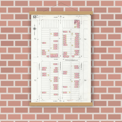 Old map wall art mockup — magnetic wood frame on brick wall — Sanborn Fire Insurance Map from Chicago, Cook County, Illinois (1920), Sheet #0053