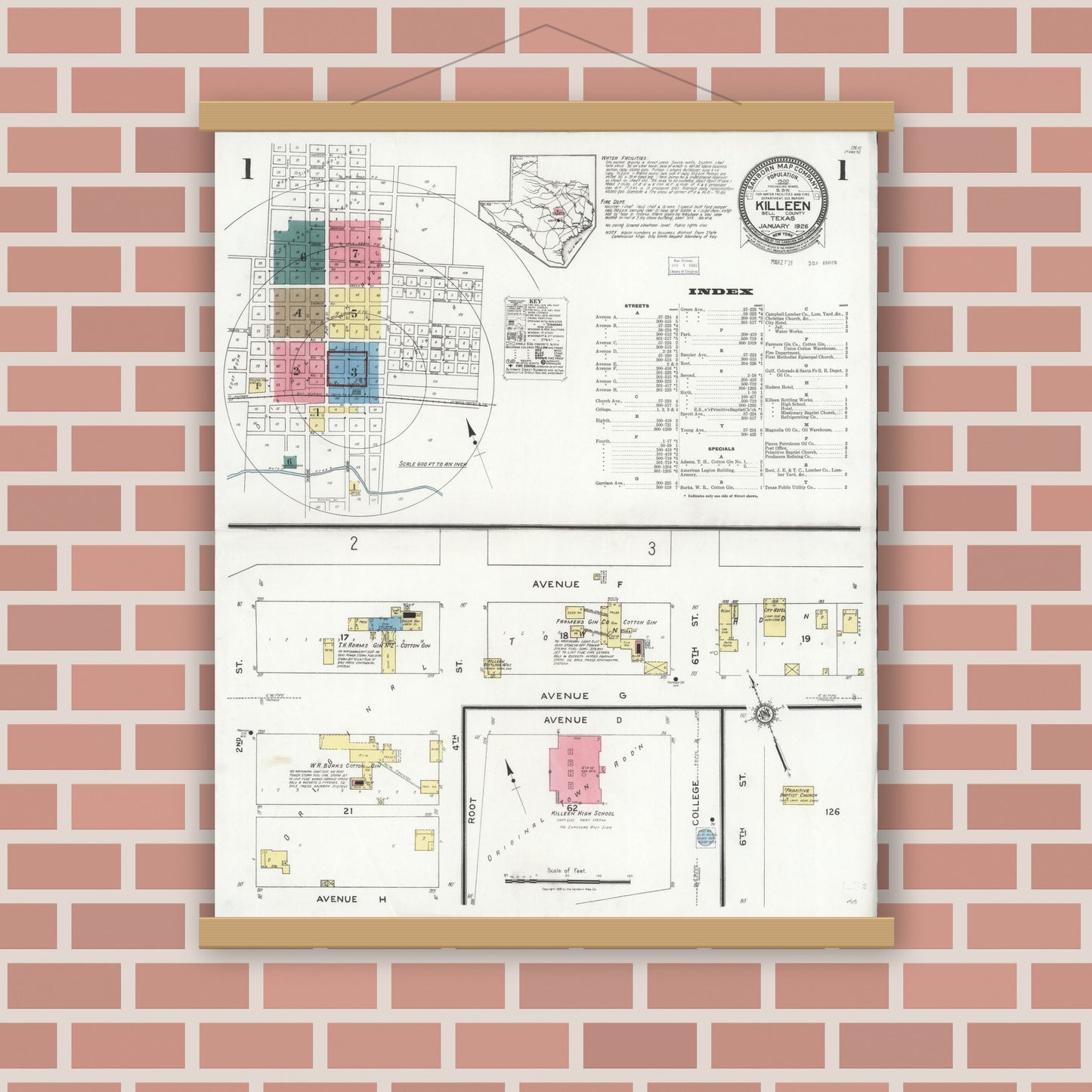 Old map wall art mockup — magnetic wood frame on brick wall — Sanborn Fire Insurance Map from Killeen, Bell County, Texas (1926), Sheet #0001