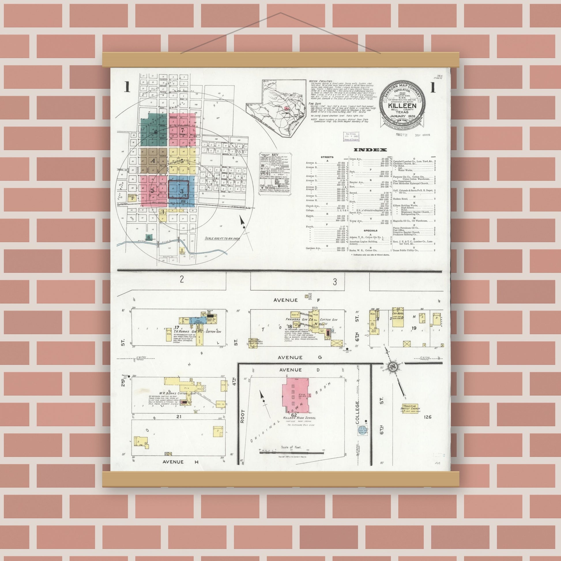 Old map wall art mockup — magnetic wood frame on brick wall — Sanborn Fire Insurance Map from Killeen, Bell County, Texas (1926), Sheet #0001