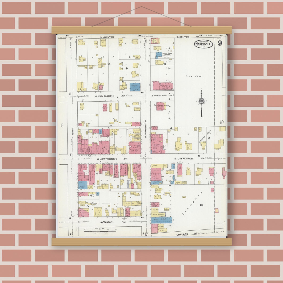 Old map wall art mockup — magnetic wood frame on brick wall — Sanborn Fire Insurance Map from Naperville, Du Page County, Illinois (1921), Sheet #0009