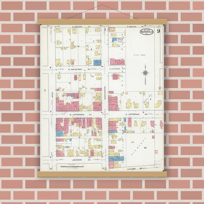 Old map wall art mockup — magnetic wood frame on brick wall — Sanborn Fire Insurance Map from Naperville, Du Page County, Illinois (1921), Sheet #0009