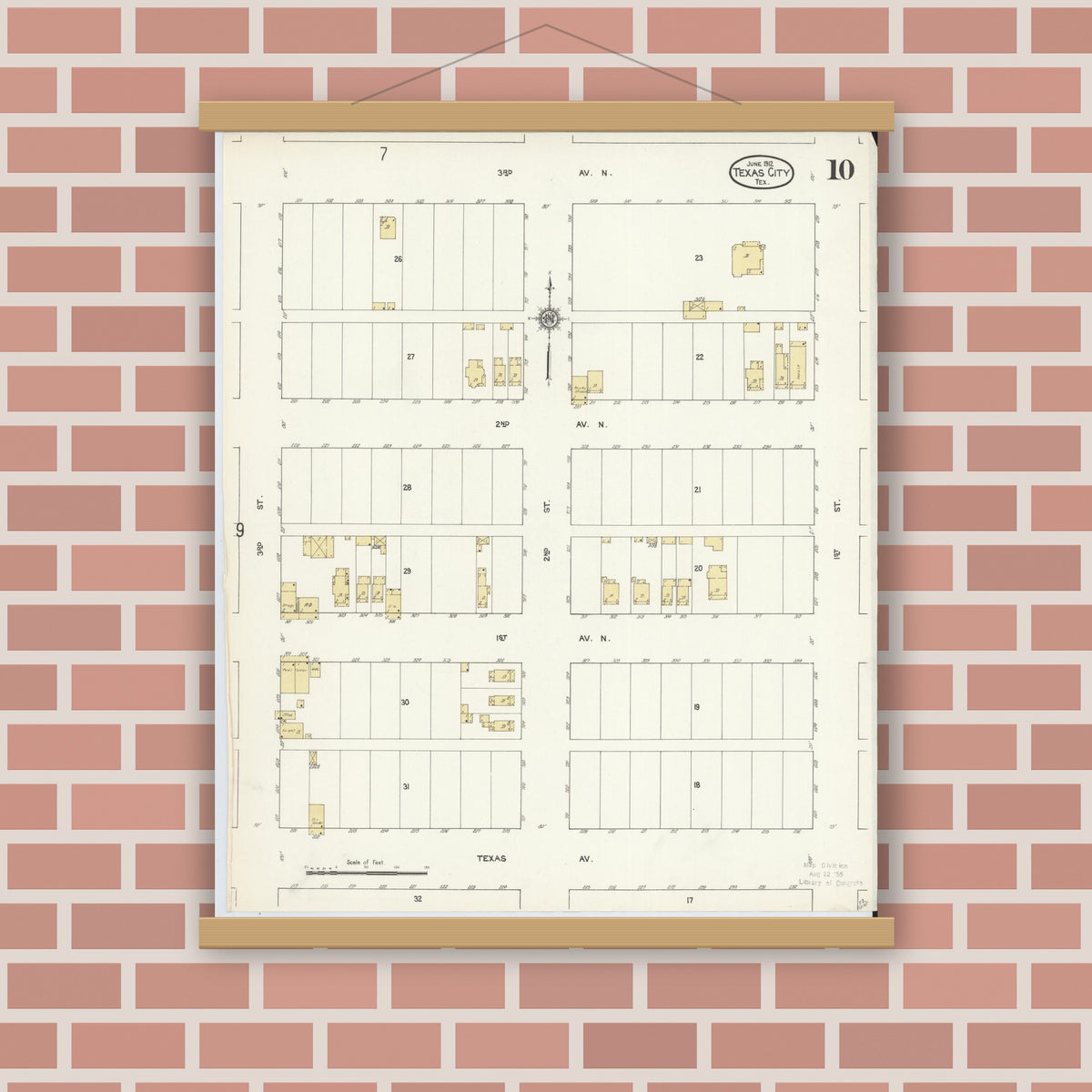 Old map wall art mockup — magnetic wood frame on brick wall — Sanborn Fire Insurance Map from Texas City, Galveston County, Texas (1912), Sheet #0010