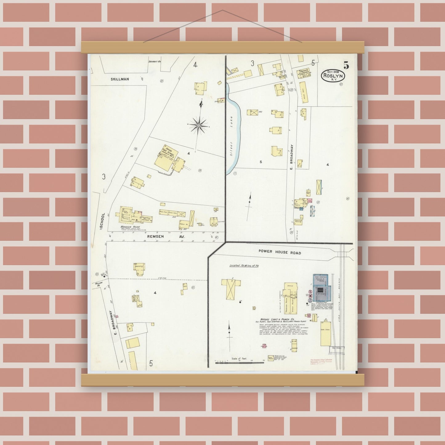 Old map wall art mockup — magnetic wood frame on brick wall — Sanborn Fire Insurance Map from Roslyn, Nassau County, New York (1908), Sheet #0005