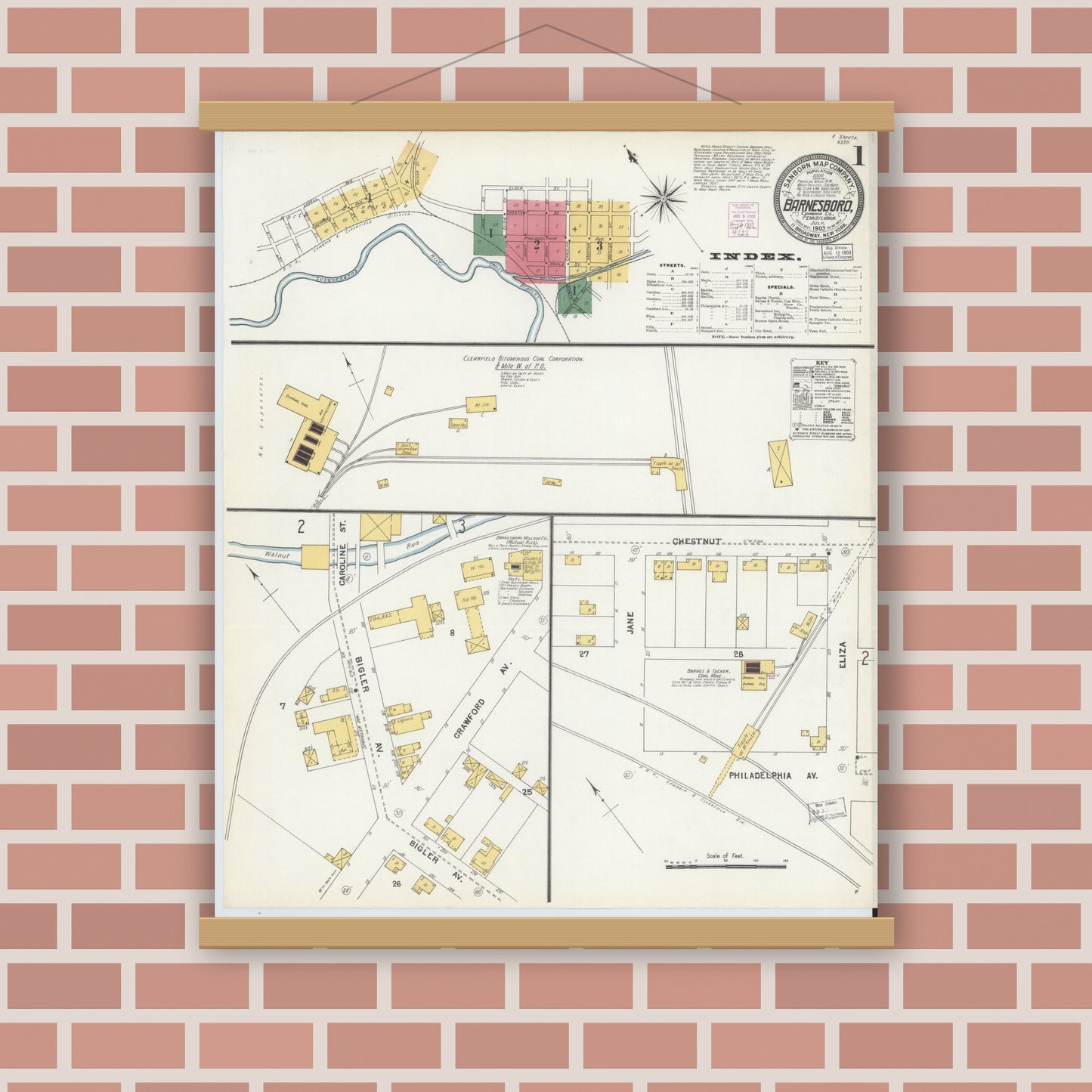 Old map wall art mockup — magnetic wood frame on brick wall — Sanborn Fire Insurance Map from Barnesboro, Cambria County, Pennsylvania (1903) - Complete Map Set
