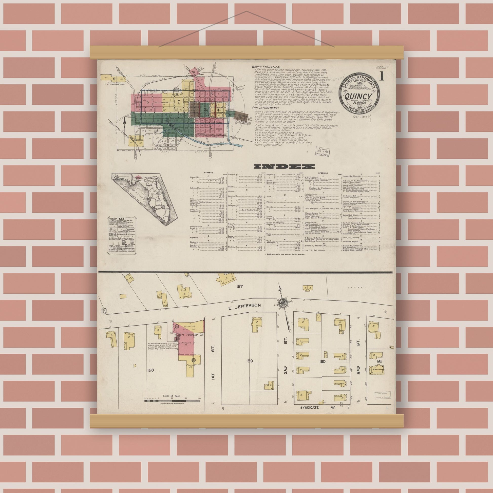 Old map wall art mockup — magnetic wood frame on brick wall — Sanborn Fire Insurance Map from Quincy, Gadsden County, Florida (1922) - Complete Map Set
