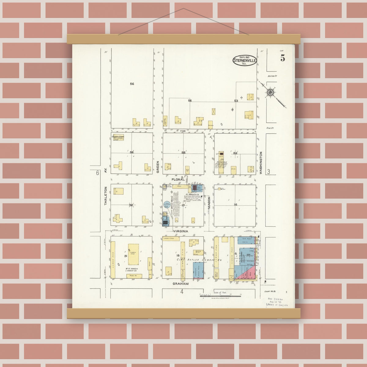 Old map wall art mockup — magnetic wood frame on brick wall — Sanborn Fire Insurance Map from Stephenville, Erath County, Texas (1921), Sheet #0005