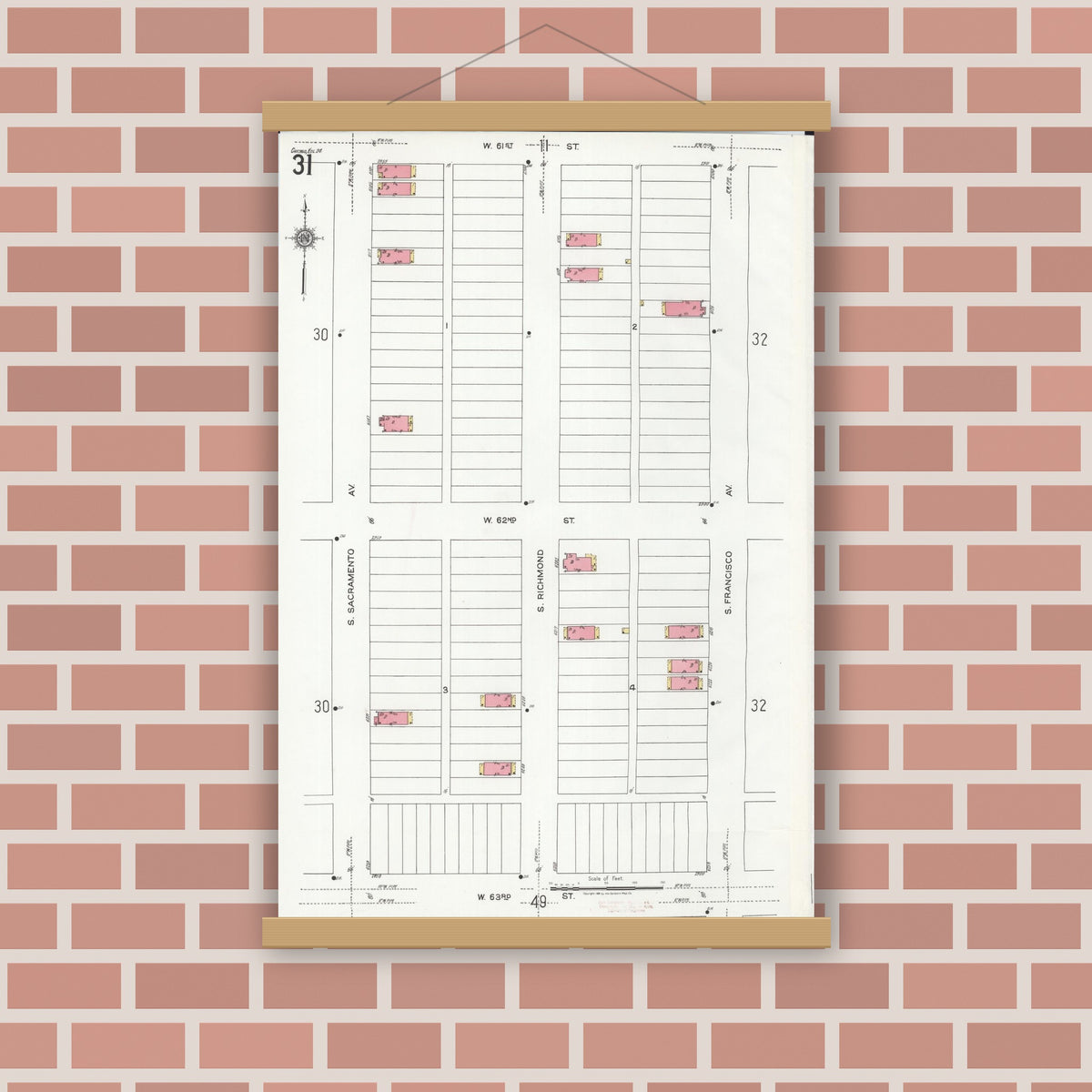Old map wall art mockup — magnetic wood frame on brick wall — Sanborn Fire Insurance Map from Chicago, Cook County, Illinois (1920), Sheet #0031
