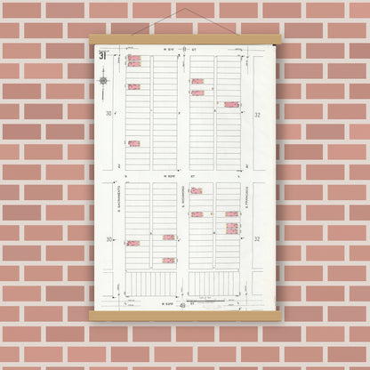 Old map wall art mockup — magnetic wood frame on brick wall — Sanborn Fire Insurance Map from Chicago, Cook County, Illinois (1920), Sheet #0031
