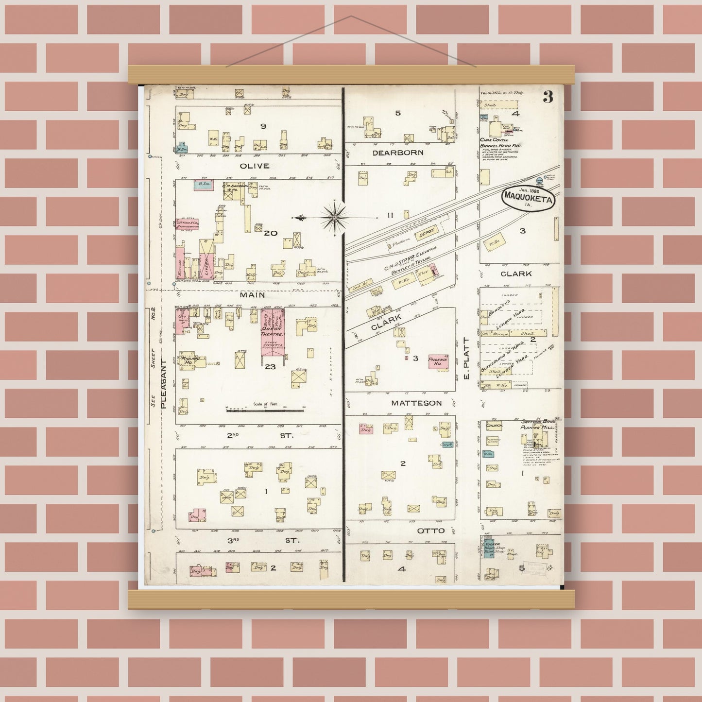 Old map wall art mockup — magnetic wood frame on brick wall — Sanborn Fire Insurance Map from Maquoketa, Jackson County, Iowa (1886), Sheet #0003