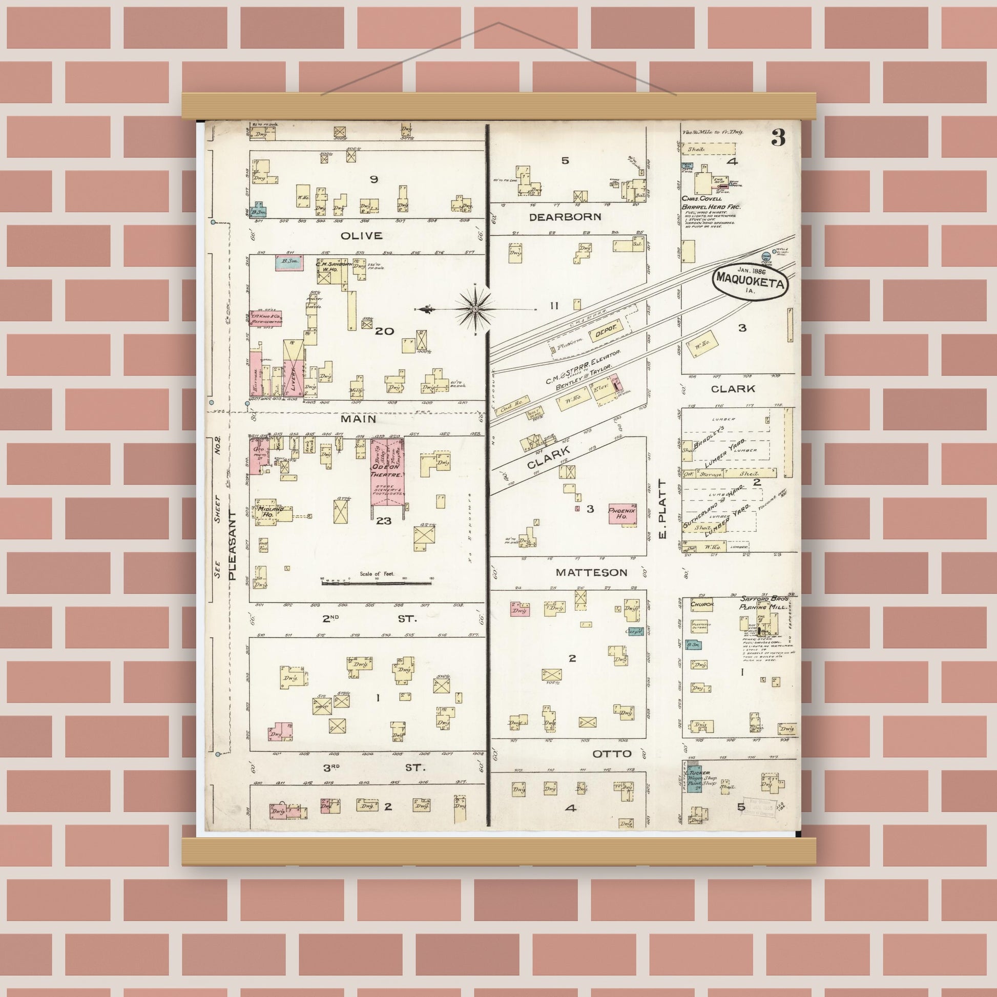 Old map wall art mockup — magnetic wood frame on brick wall — Sanborn Fire Insurance Map from Maquoketa, Jackson County, Iowa (1886), Sheet #0003