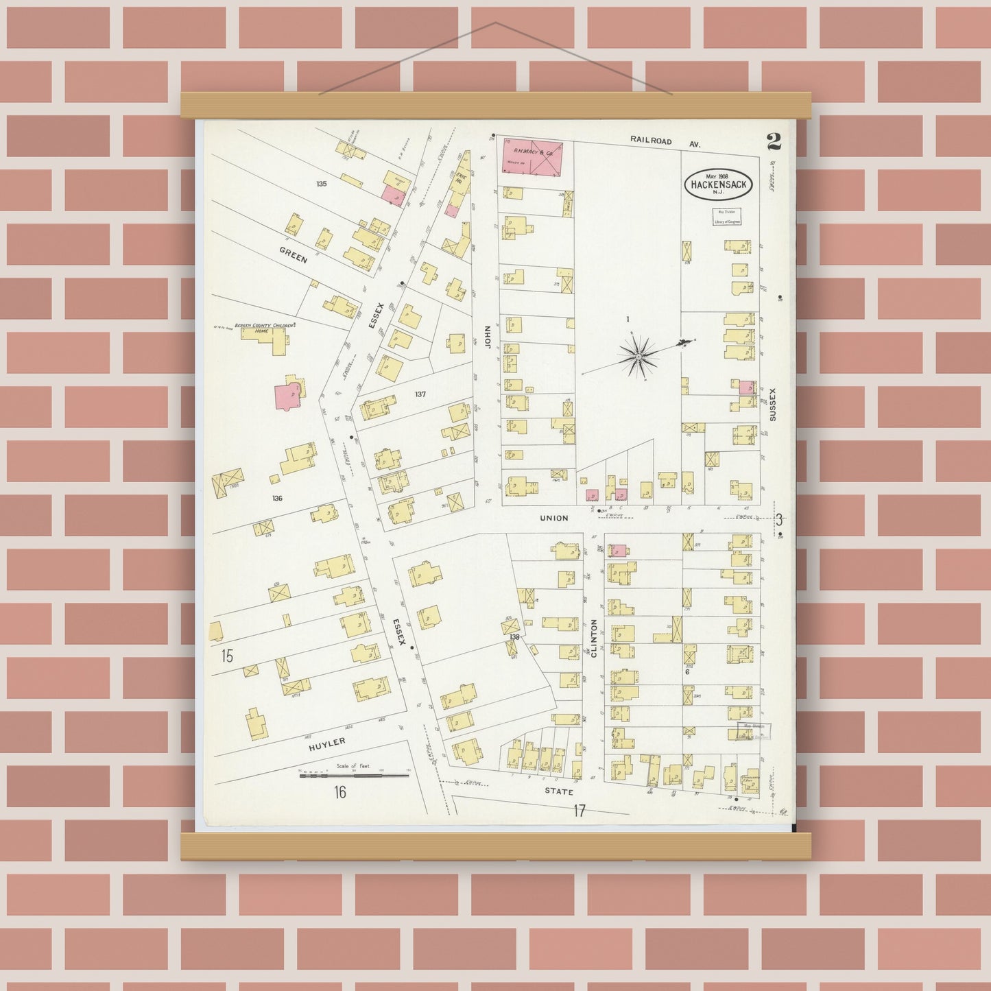 Old map wall art mockup — magnetic wood frame on brick wall — Sanborn Fire Insurance Map from Hackensack, Bergen County, New Jersey (1908), Sheet #0002