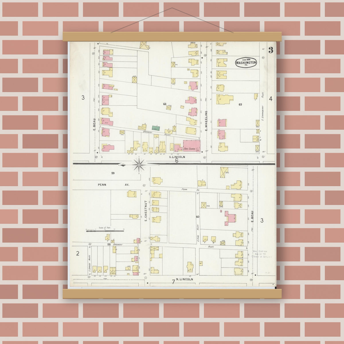 Old map wall art mockup — magnetic wood frame on brick wall — Sanborn Fire Insurance Map from Washington, Washington County, Pennsylvania (1896), Sheet #0003