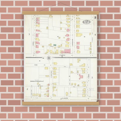 Old map wall art mockup — magnetic wood frame on brick wall — Sanborn Fire Insurance Map from Washington, Washington County, Pennsylvania (1896), Sheet #0003