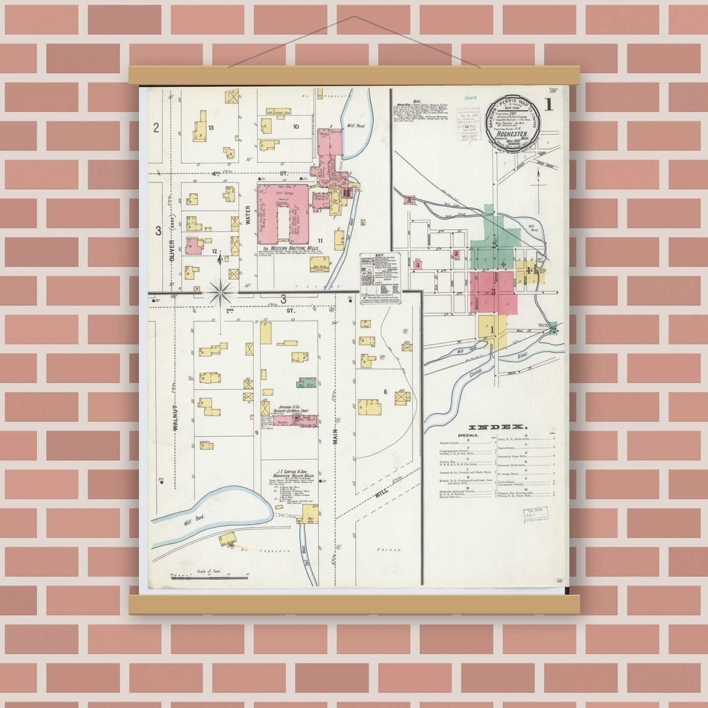 Old map wall art mockup — magnetic wood frame on brick wall — Sanborn Fire Insurance Map from Rochester, Oakland County, Michigan (1900) - Complete Map Set