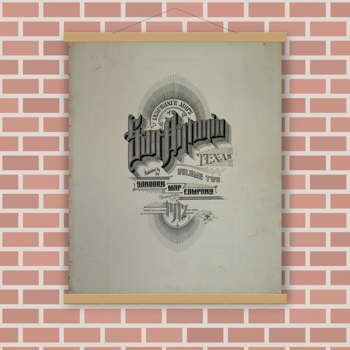 Old map wall art mockup — magnetic wood frame on brick wall — Sanborn Fire Insurance Map from San Antonio, Bexar County, Texas (1912), Sheet #0001
