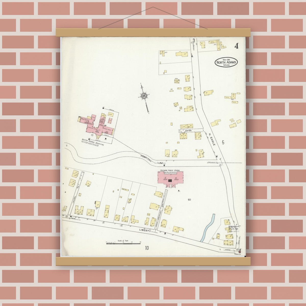 Old map wall art mockup — magnetic wood frame on brick wall — Sanborn Fire Insurance Map from North Adams, Berkshire County, Massachusetts (1914), Sheet #0004
