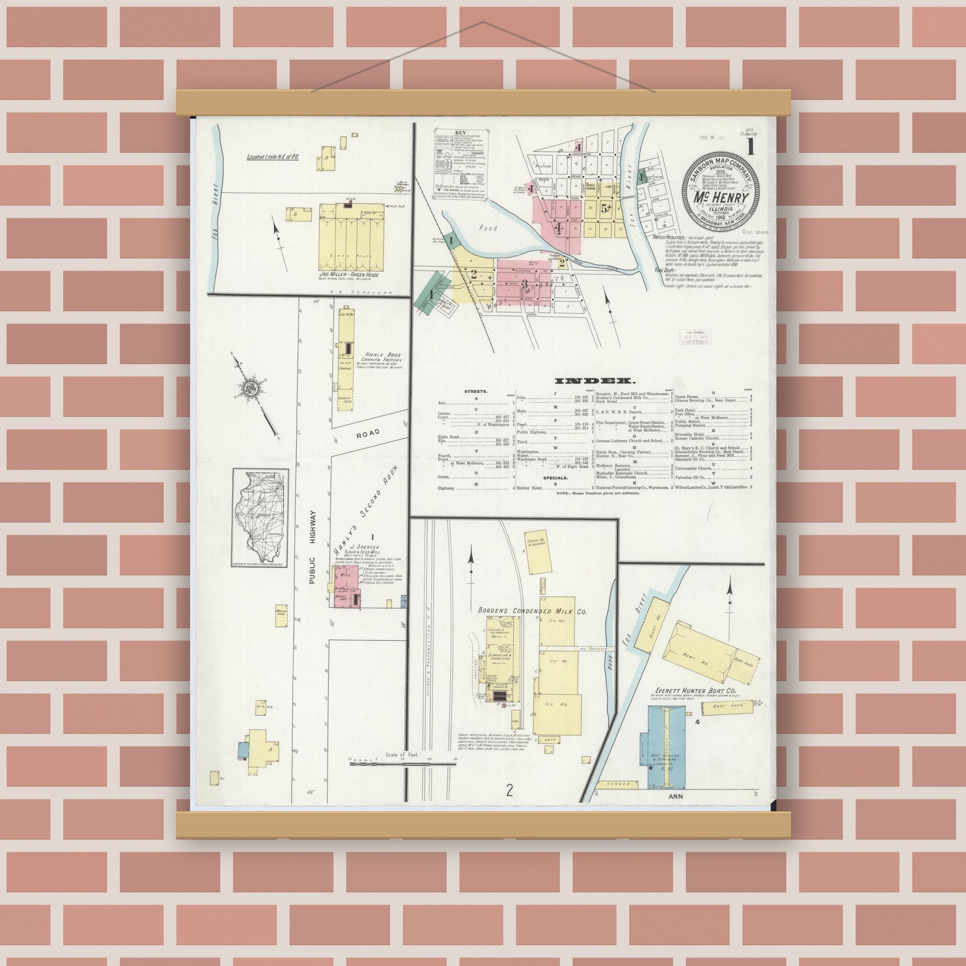 Old map wall art mockup — magnetic wood frame on brick wall — Sanborn Fire Insurance Map from McHenry, McHenry County, Illinois (1912) - Complete Map Set