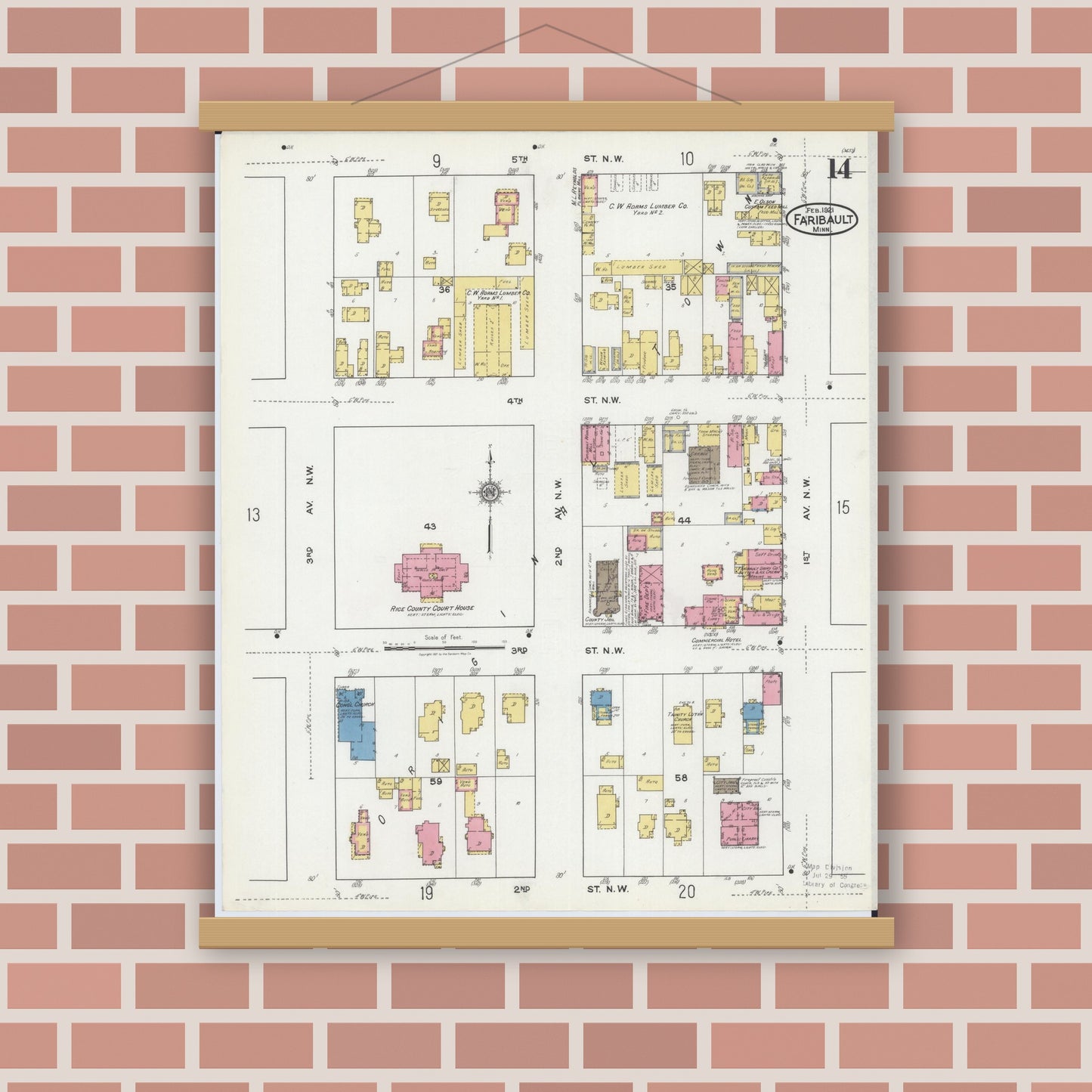 Old map wall art mockup — magnetic wood frame on brick wall — Sanborn Fire Insurance Map from Faribault, Rice County, Minnesota (1921), Sheet #0014