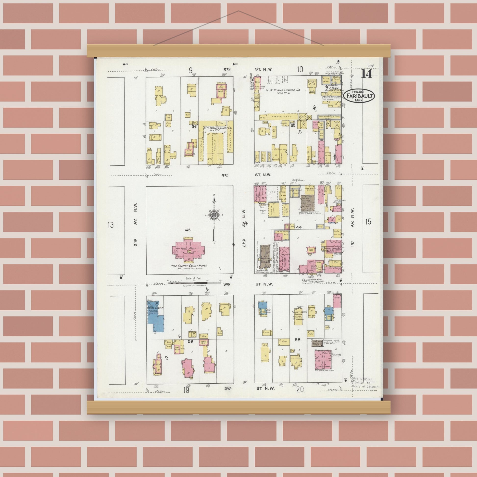 Old map wall art mockup — magnetic wood frame on brick wall — Sanborn Fire Insurance Map from Faribault, Rice County, Minnesota (1921), Sheet #0014