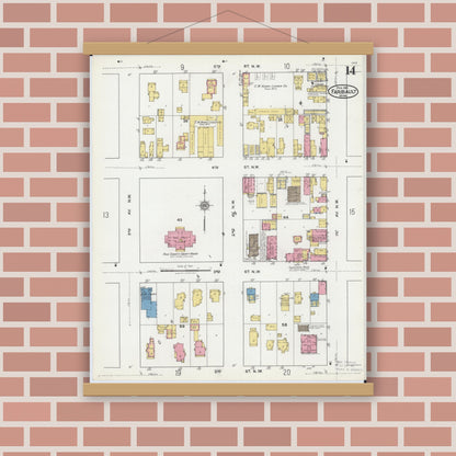Old map wall art mockup — magnetic wood frame on brick wall — Sanborn Fire Insurance Map from Faribault, Rice County, Minnesota (1921), Sheet #0014