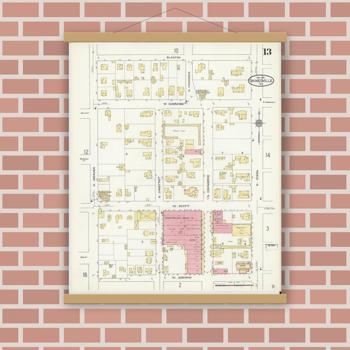 Old map wall art mockup — magnetic wood frame on brick wall — Sanborn Fire Insurance Map from Gainesville, Cooke County, Texas (1913), Sheet #0013