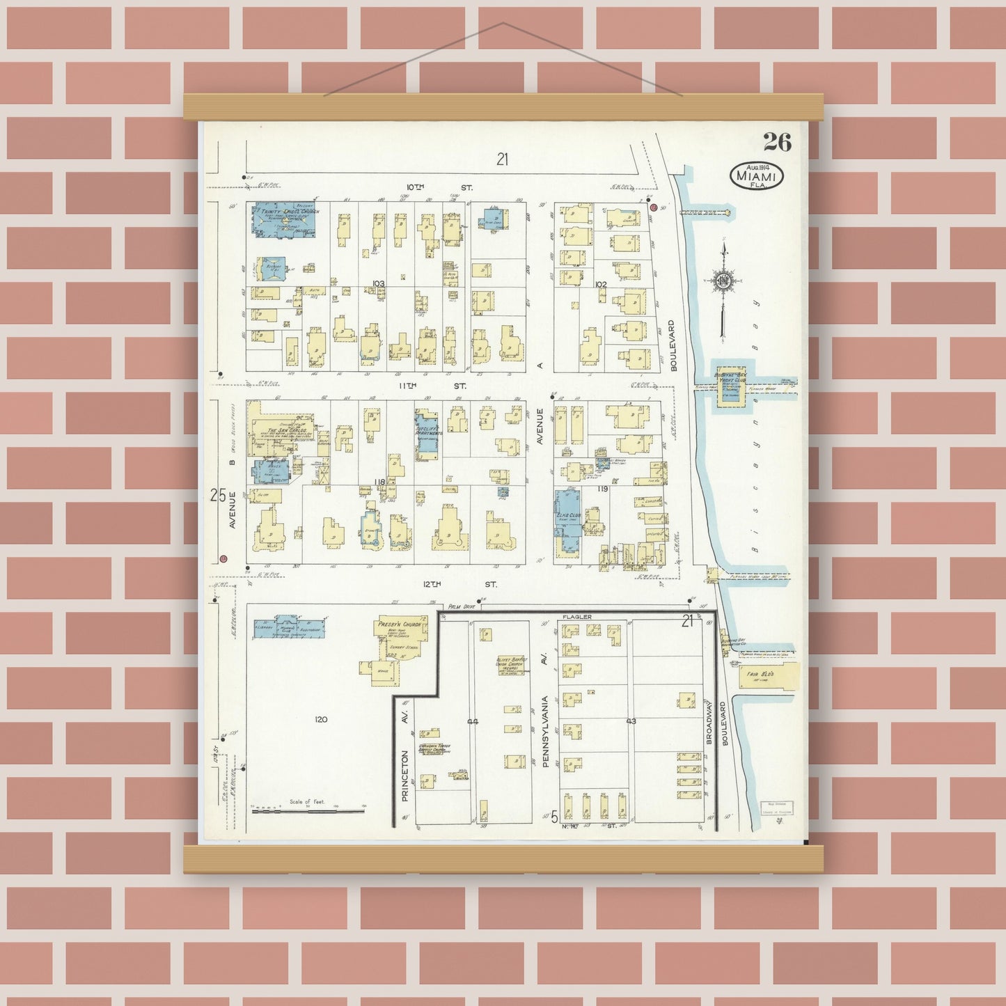 Old map wall art mockup — magnetic wood frame on brick wall — Sanborn Fire Insurance Map from Miami, Dade County, Florida (1914), Sheet #0026