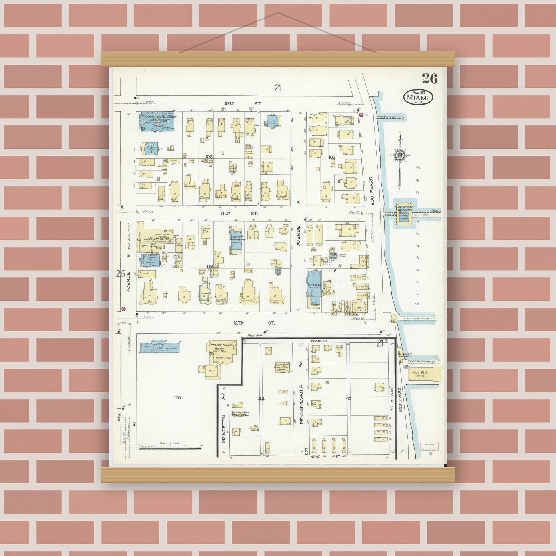 Old map wall art mockup — magnetic wood frame on brick wall — Sanborn Fire Insurance Map from Miami, Dade County, Florida (1914), Sheet #0026