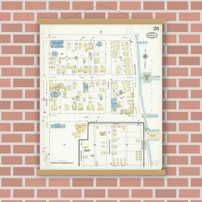 Old map wall art mockup — magnetic wood frame on brick wall — Sanborn Fire Insurance Map from Miami, Dade County, Florida (1914), Sheet #0026