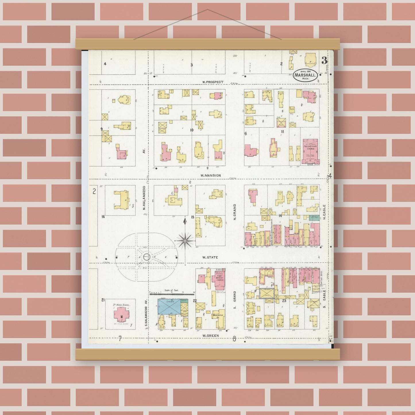 Old map wall art mockup — magnetic wood frame on brick wall — Sanborn Fire Insurance Map from Marshall, Calhoun County, Michigan (1906), Sheet #0003