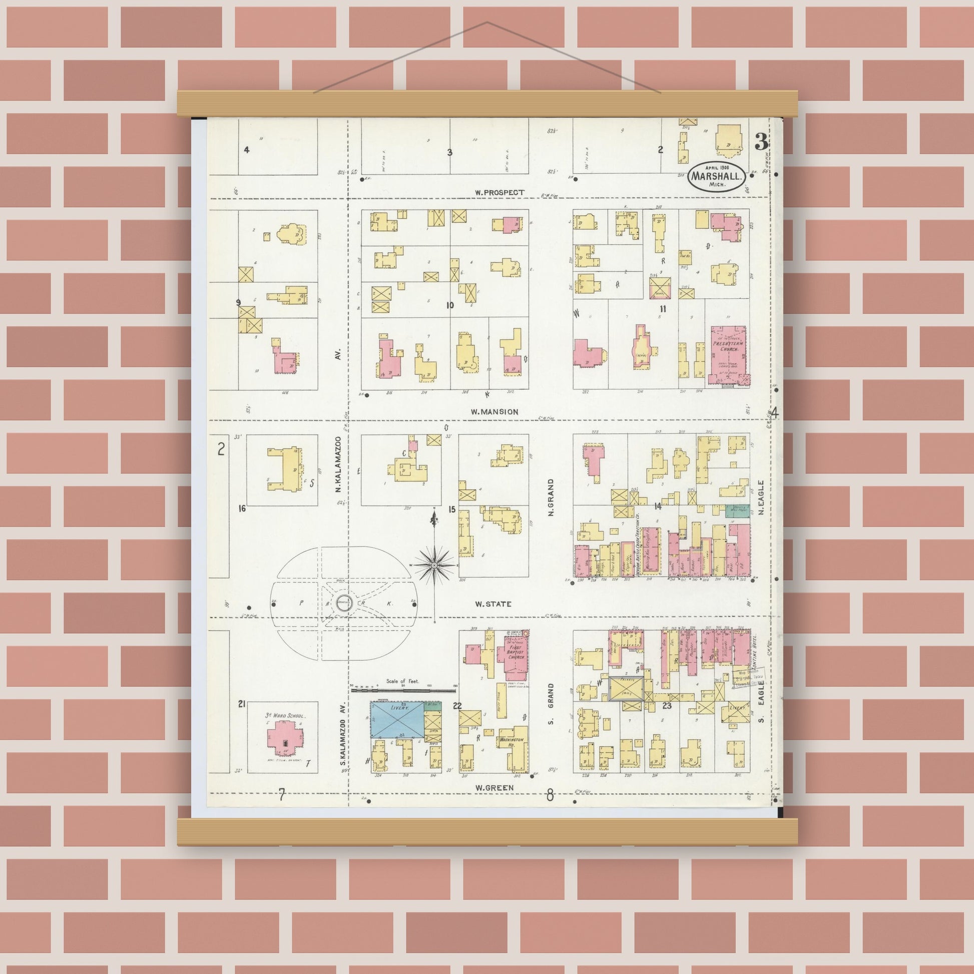 Old map wall art mockup — magnetic wood frame on brick wall — Sanborn Fire Insurance Map from Marshall, Calhoun County, Michigan (1906), Sheet #0003