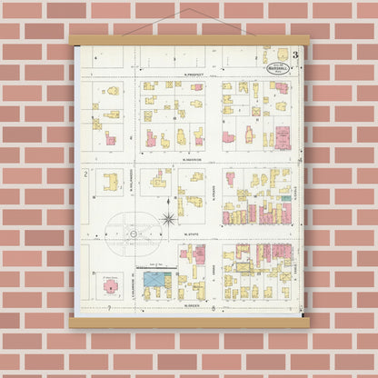 Old map wall art mockup — magnetic wood frame on brick wall — Sanborn Fire Insurance Map from Marshall, Calhoun County, Michigan (1906), Sheet #0003