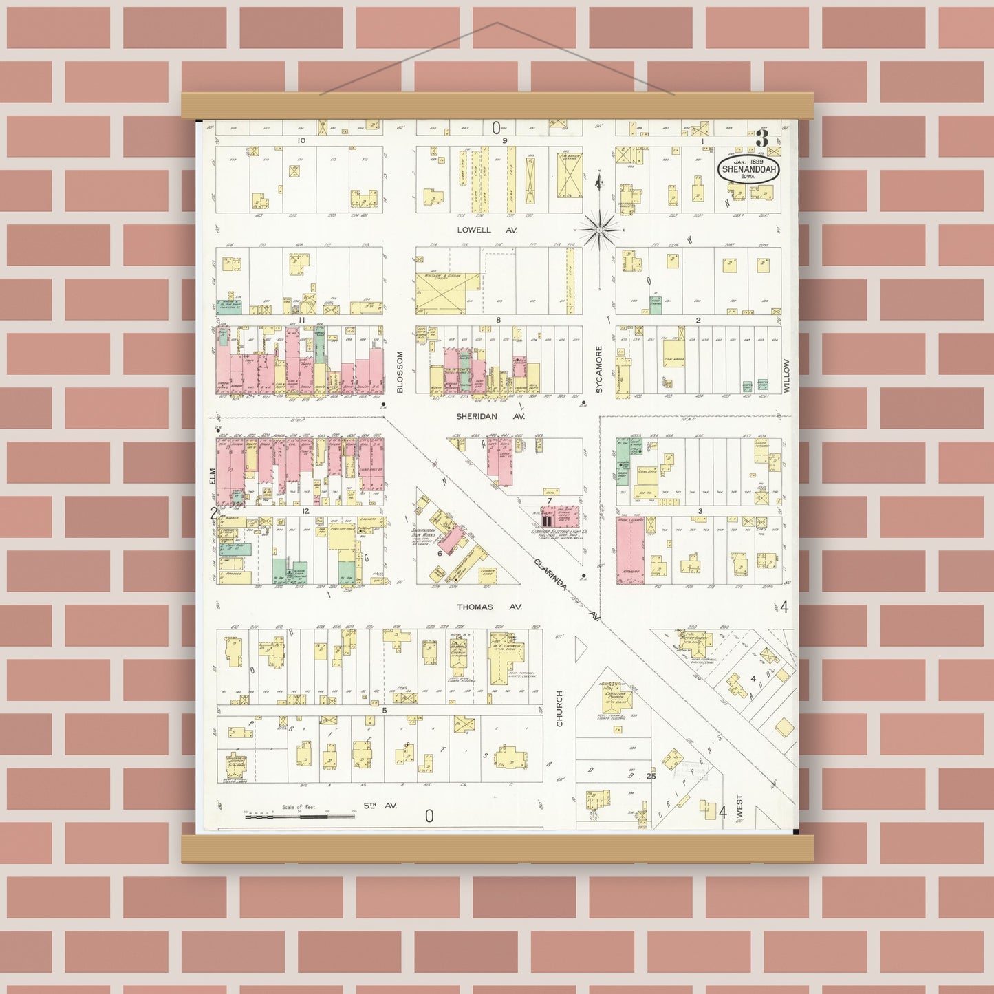 Old map wall art mockup — magnetic wood frame on brick wall — Sanborn Fire Insurance Map from Shenandoah, Page County, Iowa (1899), Sheet #0003
