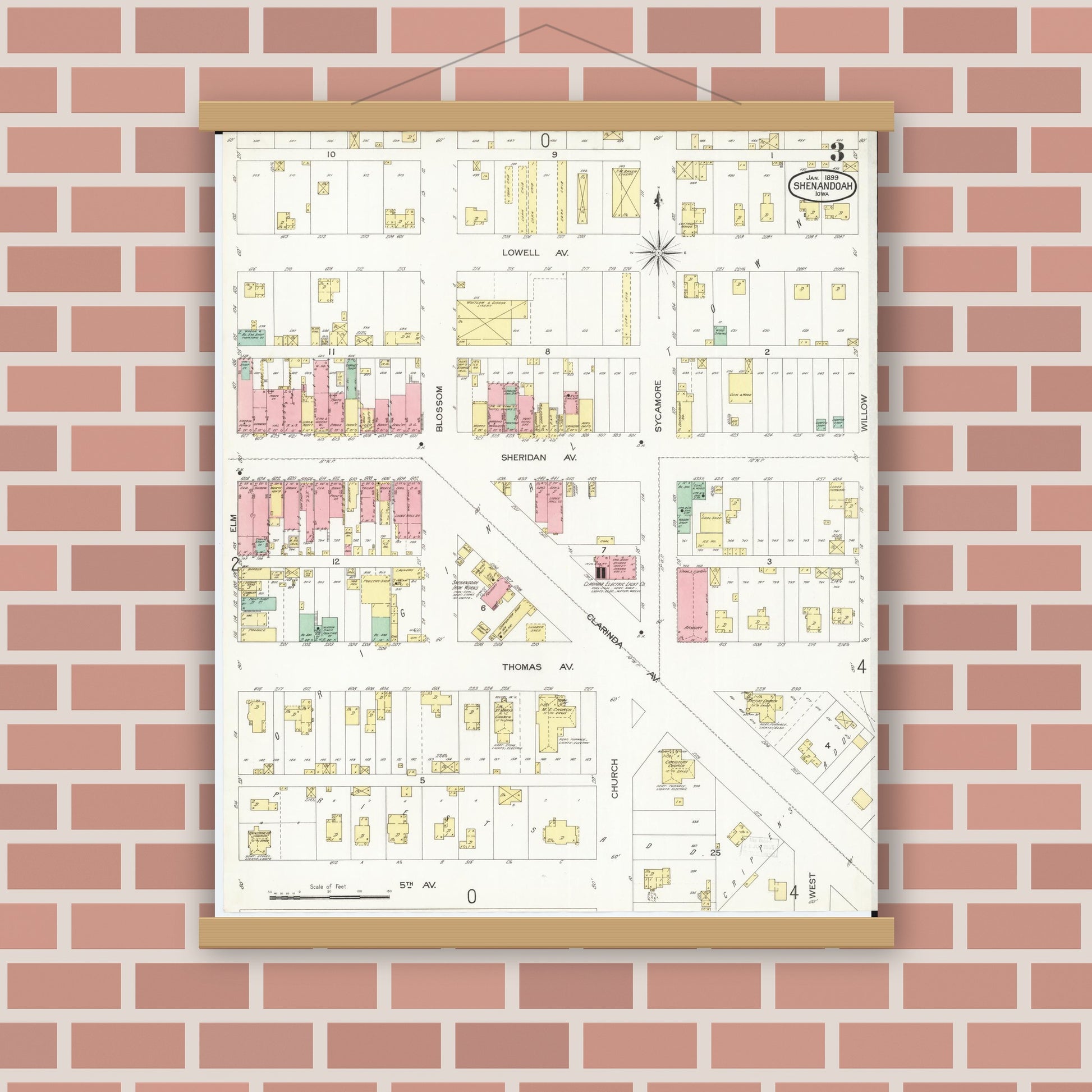 Old map wall art mockup — magnetic wood frame on brick wall — Sanborn Fire Insurance Map from Shenandoah, Page County, Iowa (1899), Sheet #0003
