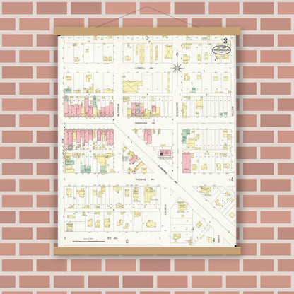 Old map wall art mockup — magnetic wood frame on brick wall — Sanborn Fire Insurance Map from Shenandoah, Page County, Iowa (1899), Sheet #0003
