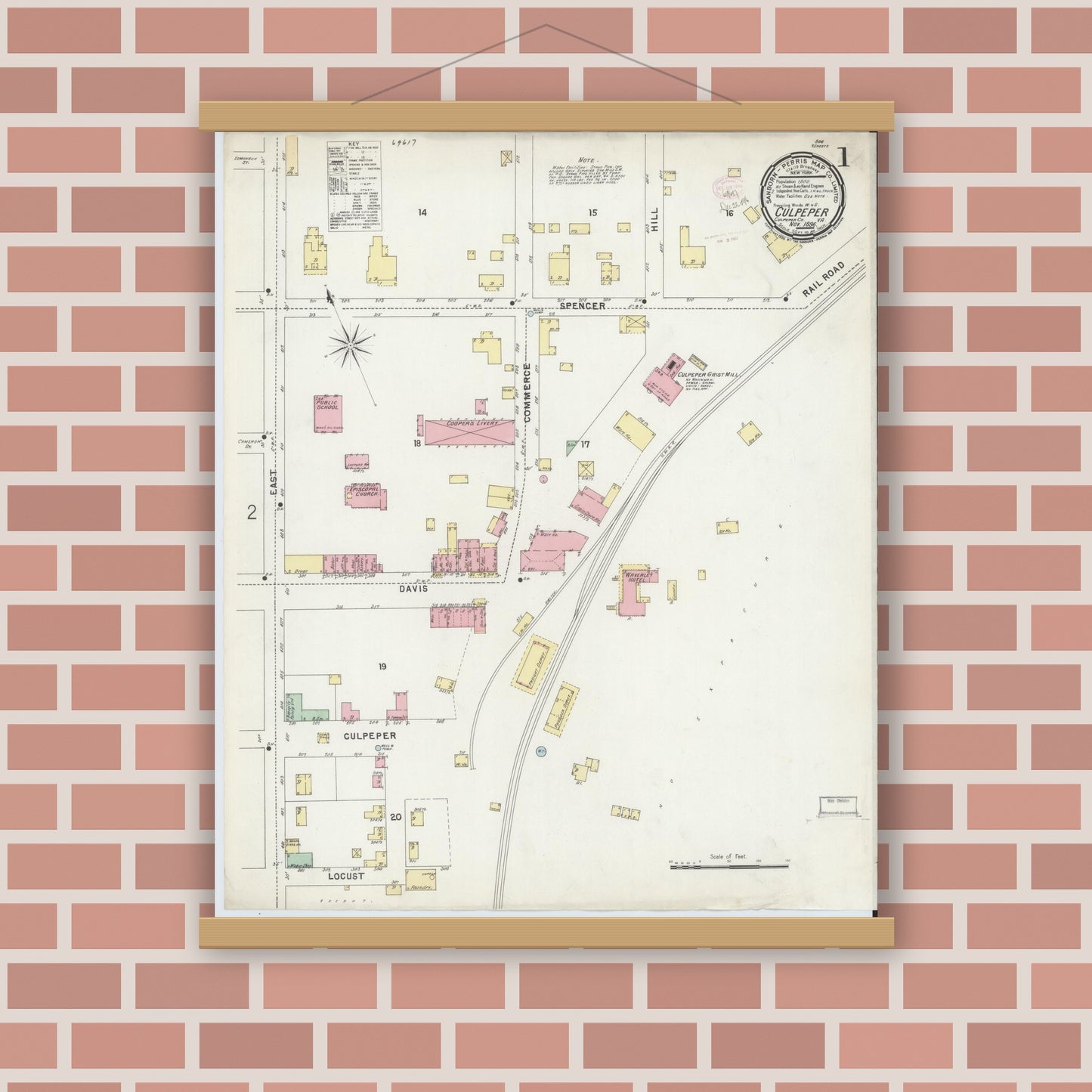 Old map wall art mockup — magnetic wood frame on brick wall — Sanborn Fire Insurance Map from Culpeper, Culpeper County, Virginia (1896) - Complete Map Set