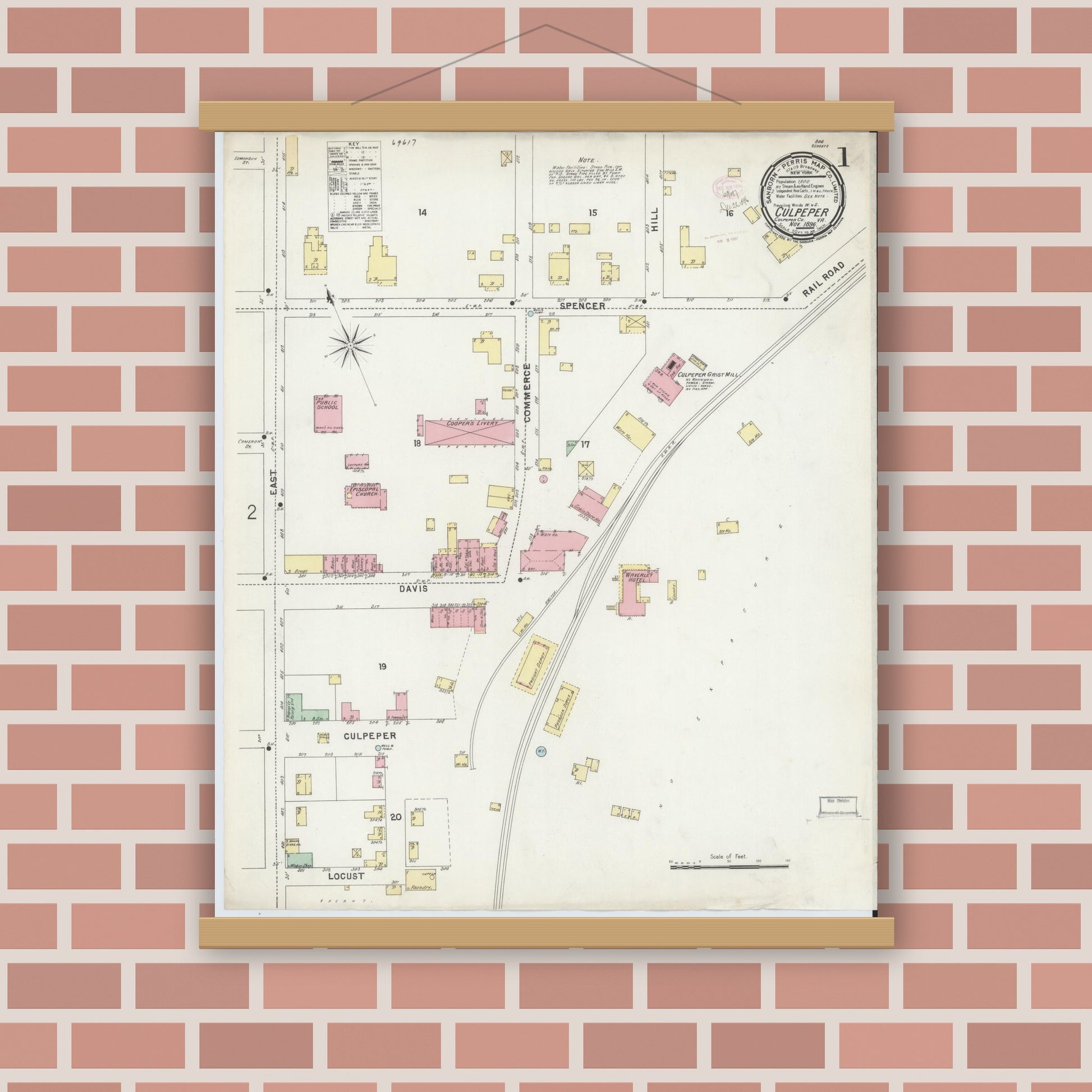 Old map wall art mockup — magnetic wood frame on brick wall — Sanborn Fire Insurance Map from Culpeper, Culpeper County, Virginia (1896) - Complete Map Set