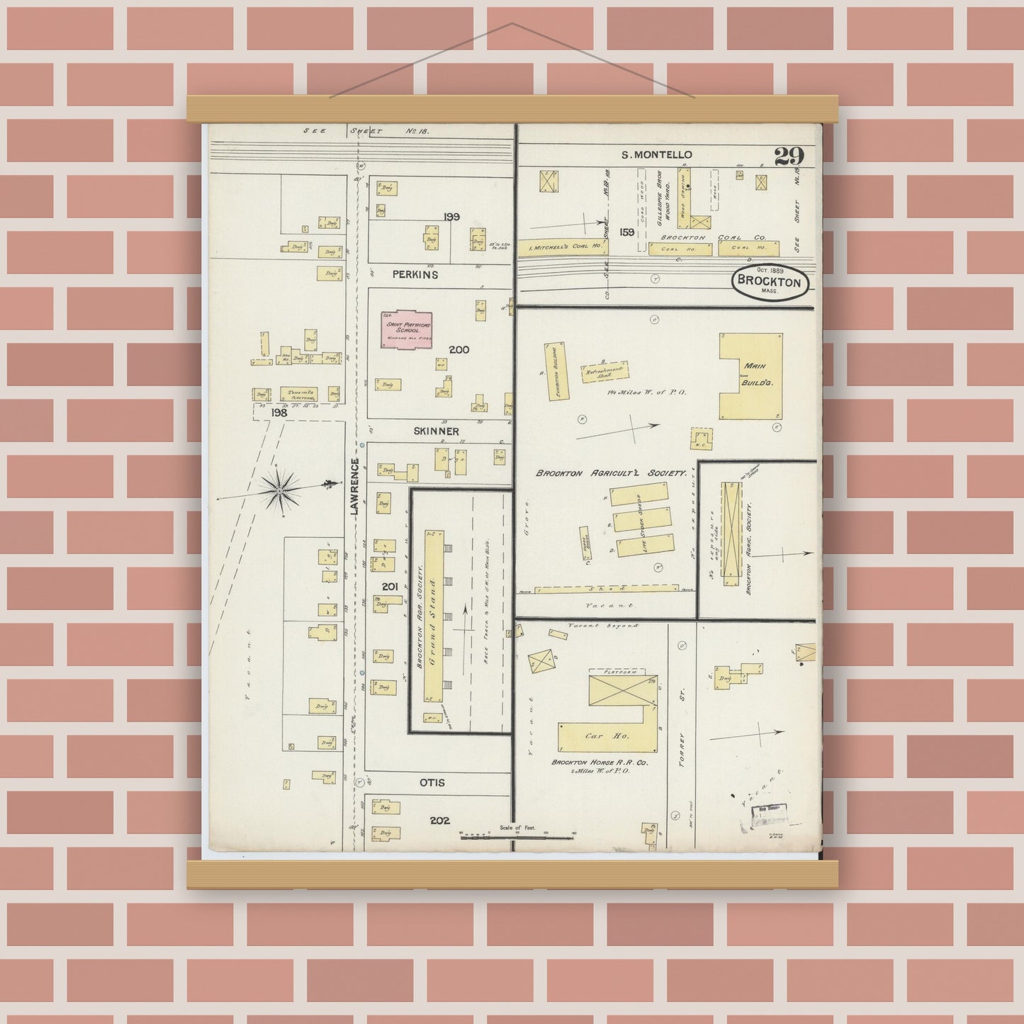 Old map wall art mockup — magnetic wood frame on brick wall — Sanborn Fire Insurance Map from Brockton, Plymouth County, Massachusetts (1889), Sheet #0029