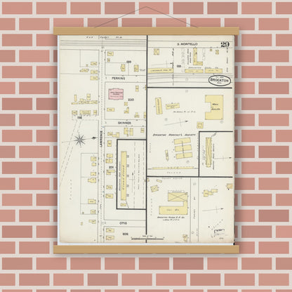 Old map wall art mockup — magnetic wood frame on brick wall — Sanborn Fire Insurance Map from Brockton, Plymouth County, Massachusetts (1889), Sheet #0029