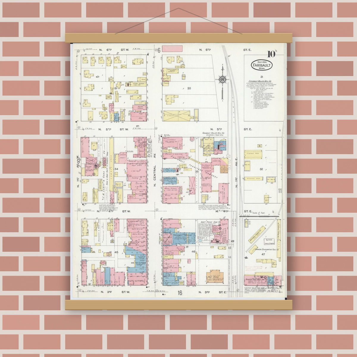 Old map wall art mockup — magnetic wood frame on brick wall — Sanborn Fire Insurance Map from Faribault, Rice County, Minnesota (1914), Sheet #0010