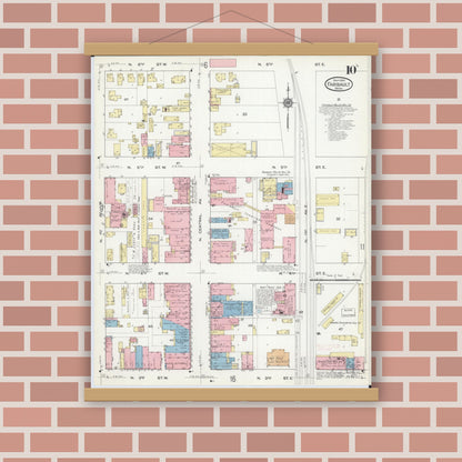 Old map wall art mockup — magnetic wood frame on brick wall — Sanborn Fire Insurance Map from Faribault, Rice County, Minnesota (1914), Sheet #0010