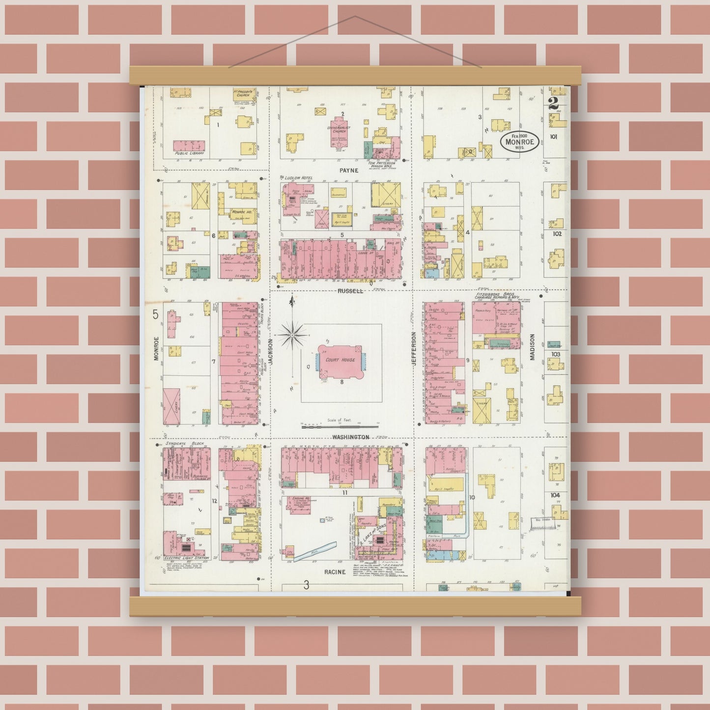 Old map wall art mockup — magnetic wood frame on brick wall — Sanborn Fire Insurance Map from Monroe, Green County, Wisconsin (1900), Sheet #0002